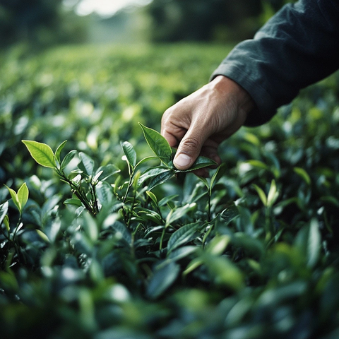 手采绿茶叶与茶园景观