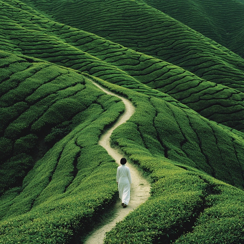 青年女子漫步茶山小径