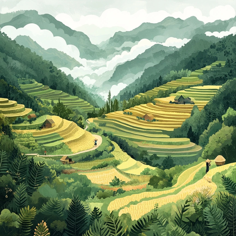 梯田稻谷农夫清晨劳作