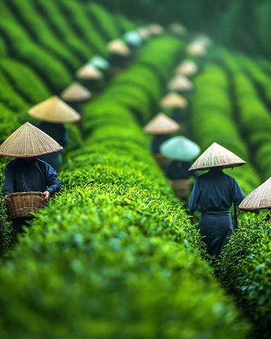 茶园农夫采摘茶叶竹篮