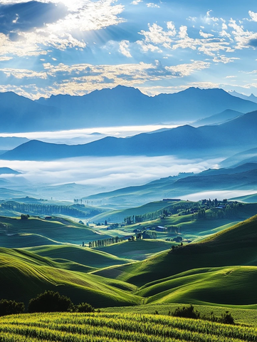 蓝天彩云绿玉米田白雾山