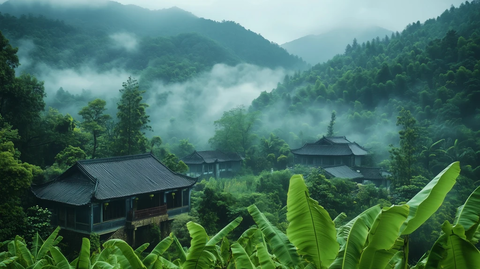 古屋前香蕉叶雨中森林