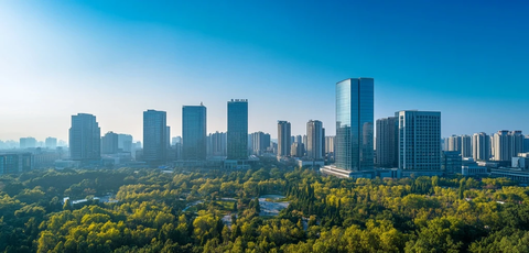 城市中林立的高楼与茂密树林的全景图