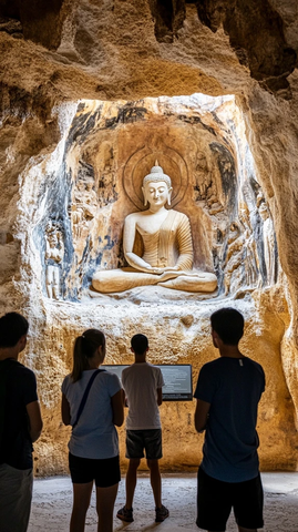 人们参观洞内佛像雕塑