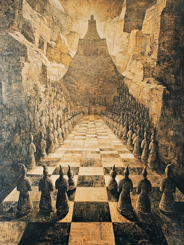 棋盘格通道上排列整齐的兵马俑