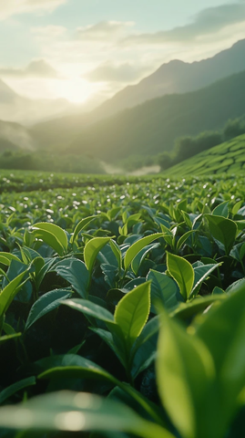 绿茶园晨光中的柔雾