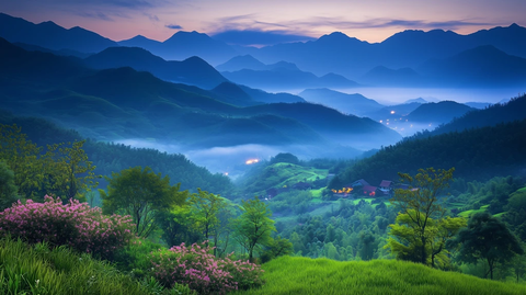 山间雾气缭绕绿谷晚灯