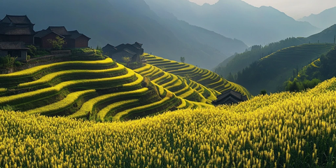 梯田油菜花徽派建筑