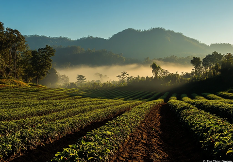 草莓田茶园山雾晨光