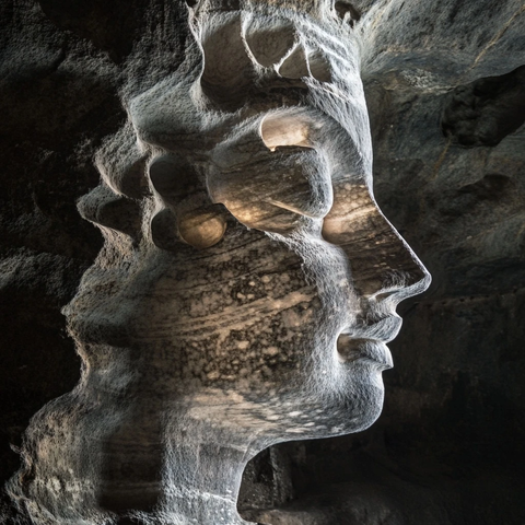 洞穴内独特的岩石雕刻人脸艺术作品