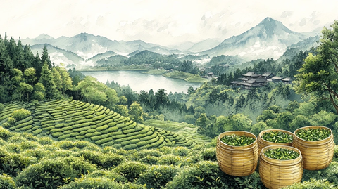 茶园梯田与竹篮茶叶