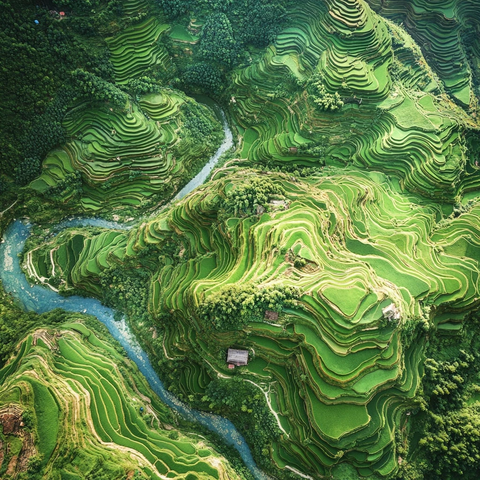 梯田河流稻谷景观