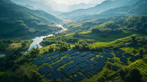 光伏板排列稻田河流景观