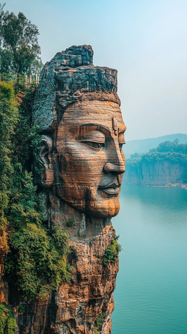 依山傍水的巨型岩石佛像雕刻