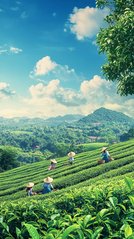 茶园采茶女蓝天实景