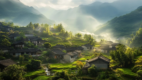 晨光映照古屋绿田