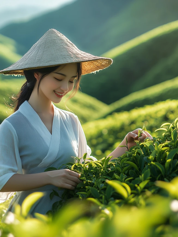 女子采茶汉服茶园全景