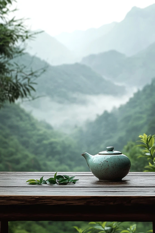 木桌茶具与山景