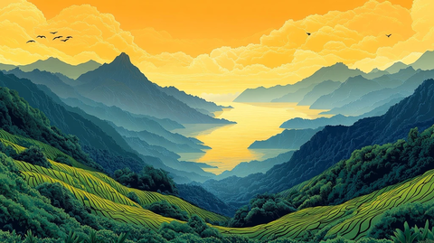 山脉茶田与海洋交汇