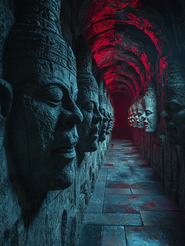 神秘石像走廊红光笼罩氛围诡异