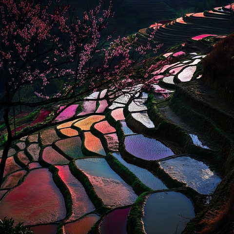 桃枝流水分彩色梯田