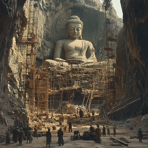 佛像开凿施工现场工人忙碌景象