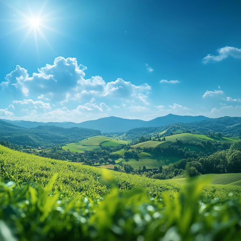 夏日蓝天绿地远山