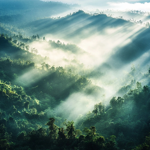 阳光穿透云层照亮丛林
