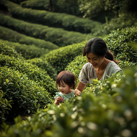 母子茶园采摘茶叶