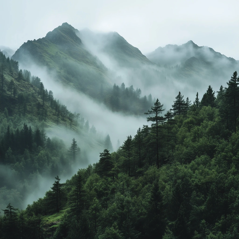 雾山森林薄雾笼罩