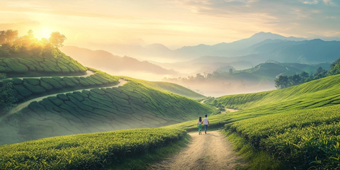 茶田小径情侣奔跑