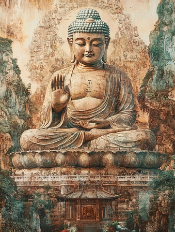 巨型佛像坐于山间场景宏伟壮观