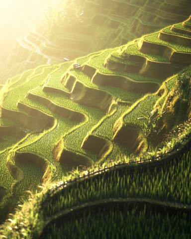 稻田晨光竹桥倒影斗笠静置