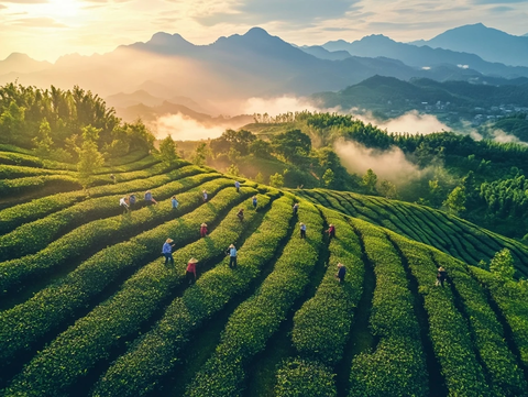 茶农采摘茶叶树林