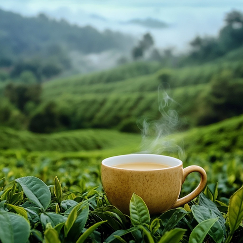 热气腾腾的奶茶与茶园