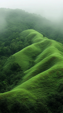 绿意山坡雾林景象