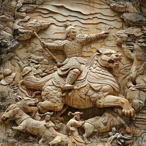 古代战士骑神兽征战的浮雕