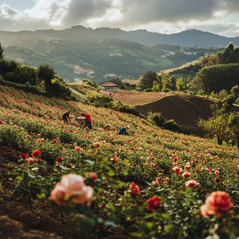 玫瑰田中的人们劳作