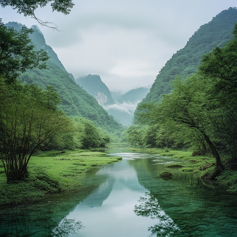 晨光映照山间清溪