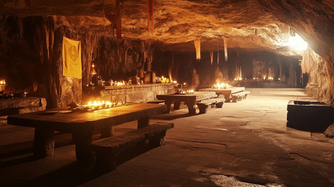 烛光映照的山洞内部场景