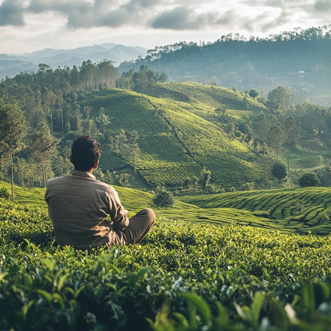 男子观赏茶园景色
