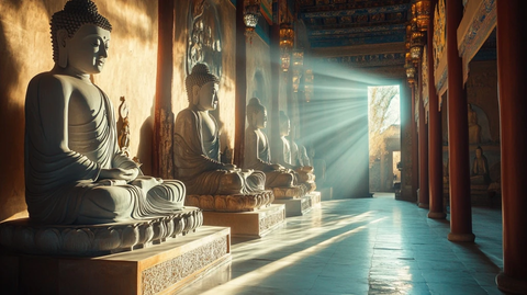 佛堂内多尊佛像整齐排列的肃穆景象