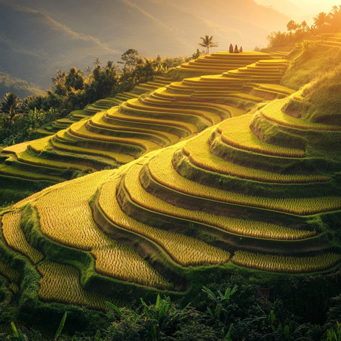 稻田梯田农民耕作场景