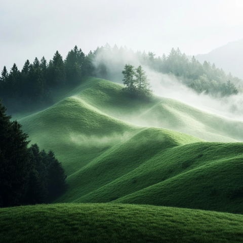 绿意山坡与雾林