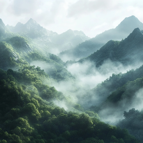 白色雾气环绕绿色山脉