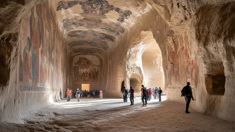 人们参观带有壁画的古老洞穴