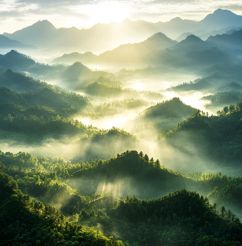 晨雾山林阳光映照