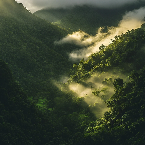 晨光穿透森林水雾