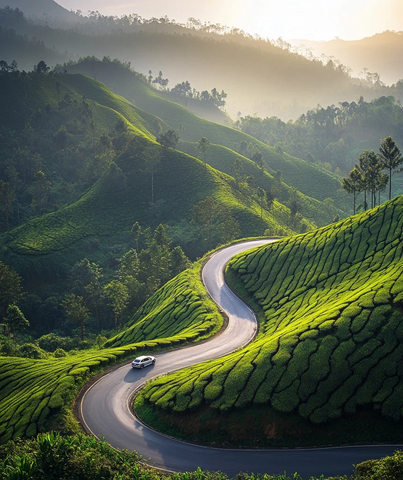 茶园弯道行驶的汽车