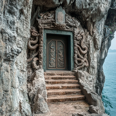 刻有精美雕纹的石崖门及阶梯